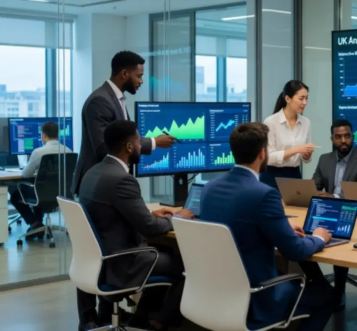 Analytics team collaborating around an interactive dashboard in a modern workspace