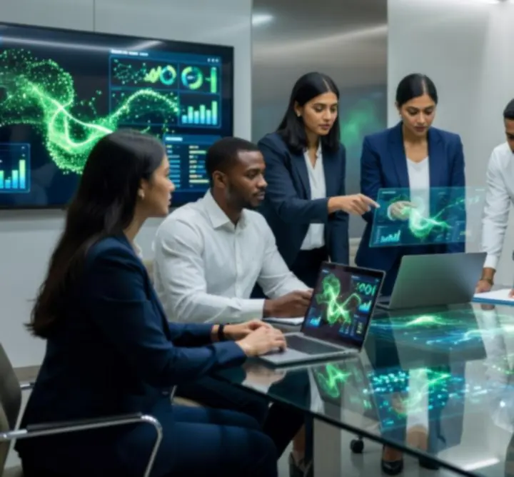 Professional analytics team collaborating over dashboards and code