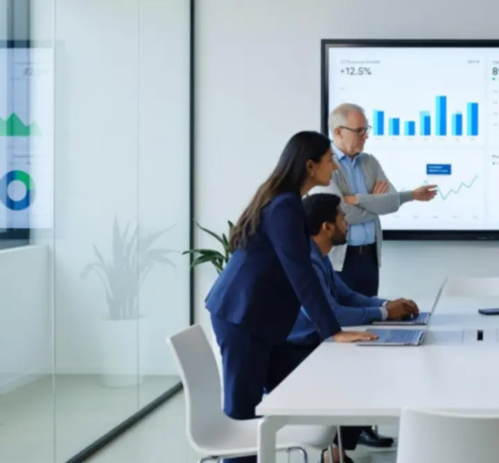 Analytics team reviewing custom data dashboards