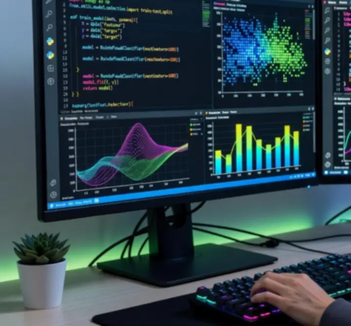 Data scientist working in a modern coding environment with interactive dashboards