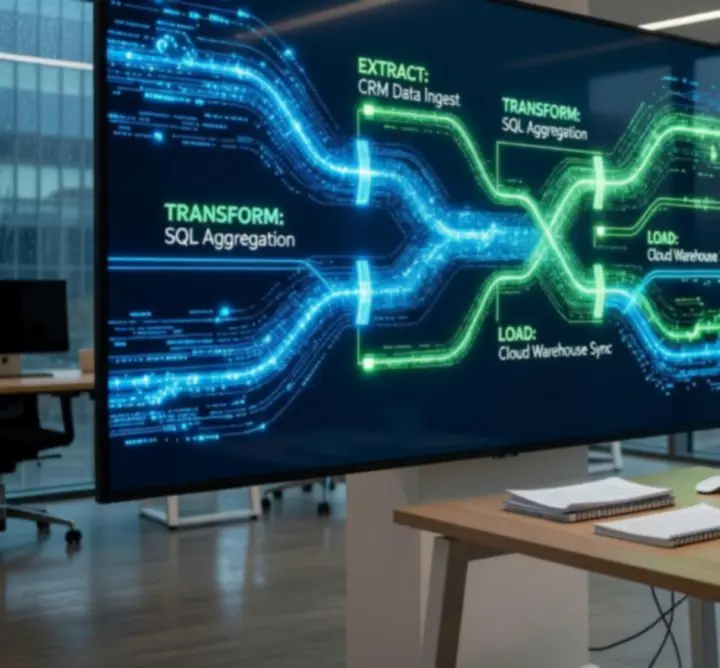 Data engineer configuring a visual data flow representing an end-to-end analytics pipeline.
