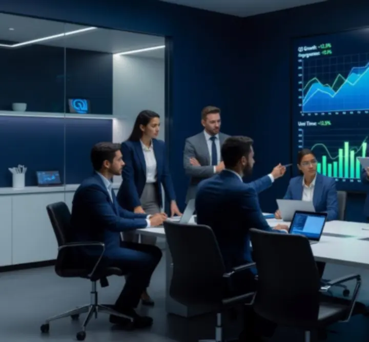 Dynamic analytics dashboards visualised on multiple screens in a dark, data-driven environment