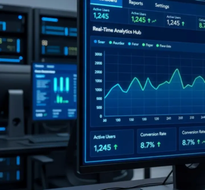 Interactive dashboard interface with charts, KPIs, and filters displayed on a large screen.