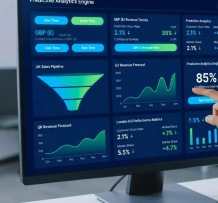 Interactive UK-focused analytics dashboard with charts, KPIs, and filters on screen.