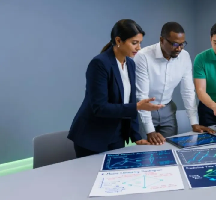 Data modelling experts reviewing predictive models in a collaborative discussion