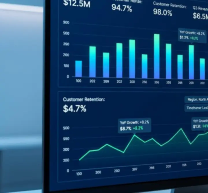 Business intelligence dashboard interface with performance metrics