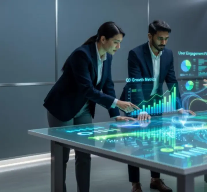 Analytics team collaborating around interactive dashboards