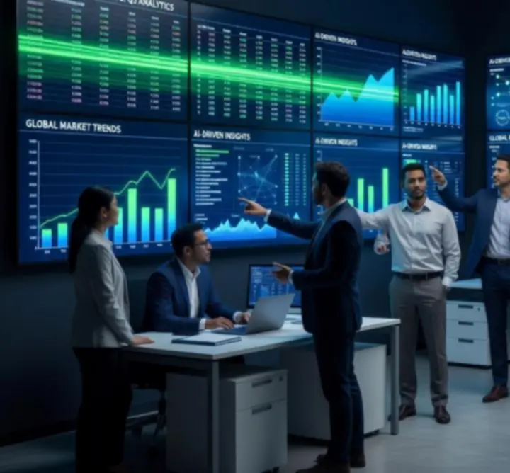 Abstract data analytics visualisation illustrating dashboards and connected data points