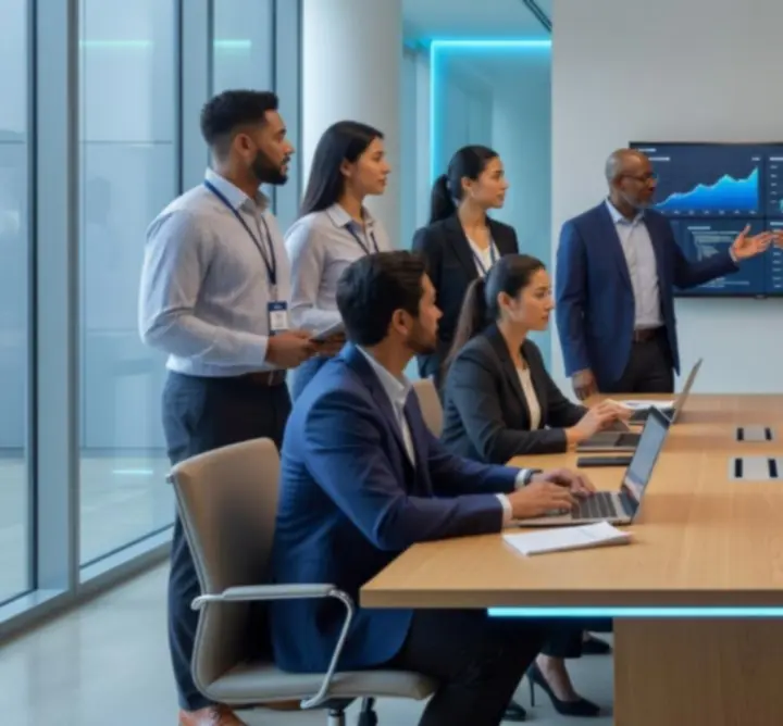 Analytics experts collaborating over data dashboards and models